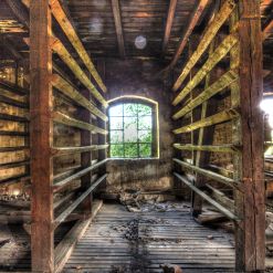 Verfallene Holzhalle mit Fenster und Regalen.